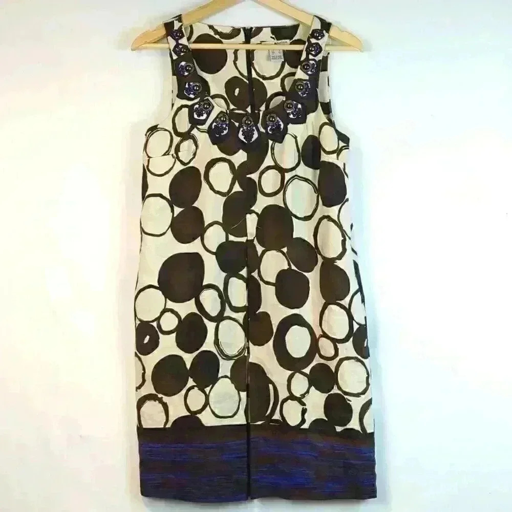 Kensie Smock Midi Dress S In Brown And Cream With Blue Trim
